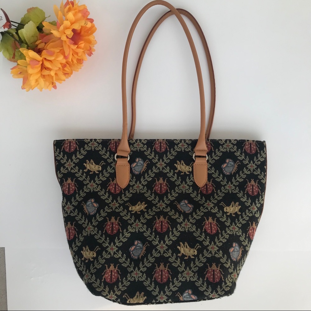 Black Tapestry Tote Bag with Tan Handles